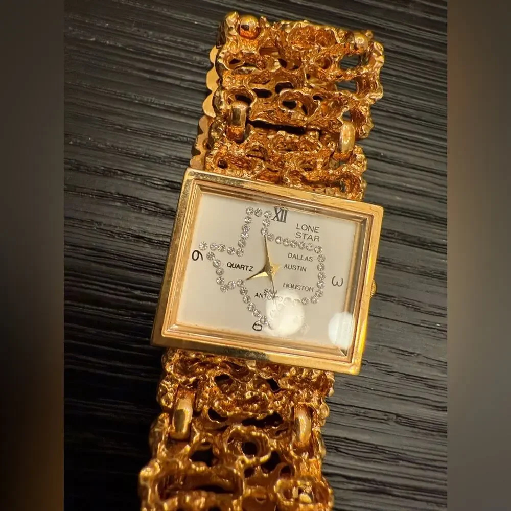Vintage Gold Watch State of Texas Watch Face Square Bracelet Tawaiian